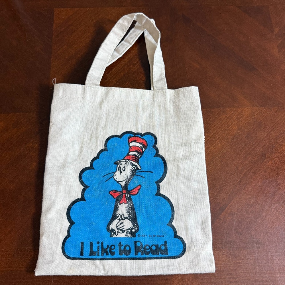 Vintage 1980s Dr. Seuss canvas Tote Bag  I Like to Read‎ Cat in the Hat Taiwan